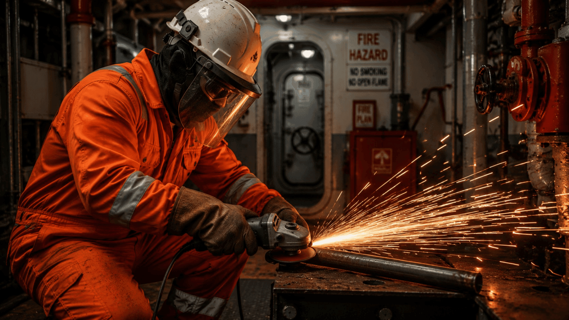 Percikan api saat grinding di area kerja migas