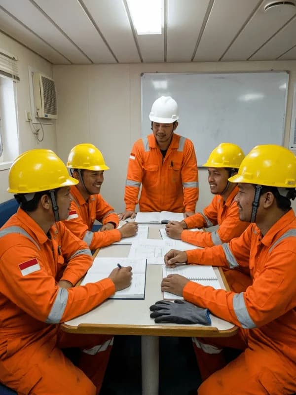 Tim mengenakan coverall oranye melakukan briefing di atas kapal