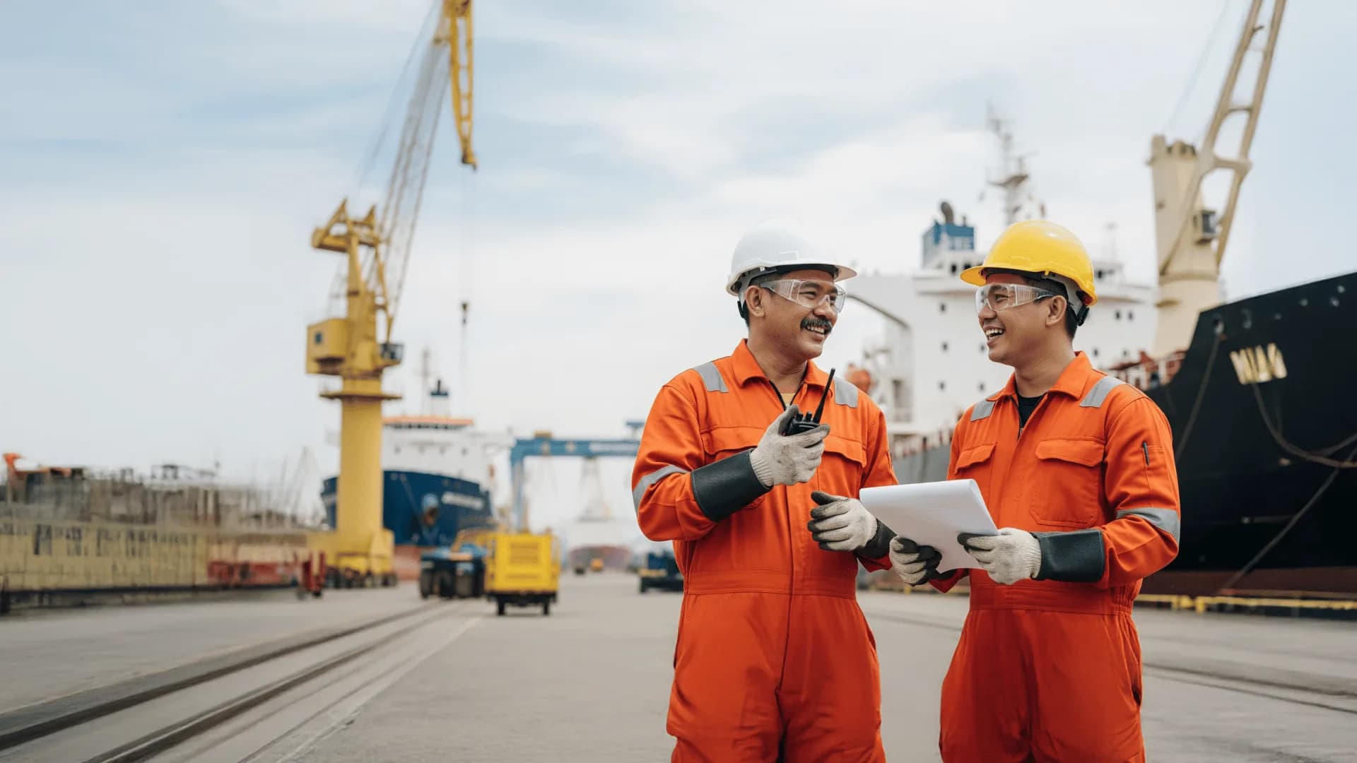 Dua pekerja industri memakai coverall oranye berdiskusi di area pelabuhan