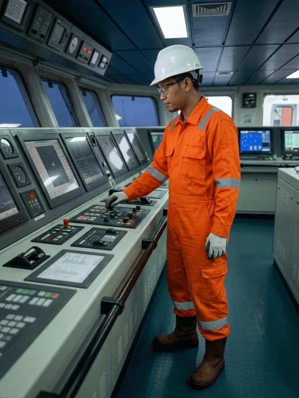 Petugas mengenakan coverall oranye mengoperasikan panel kontrol teknis